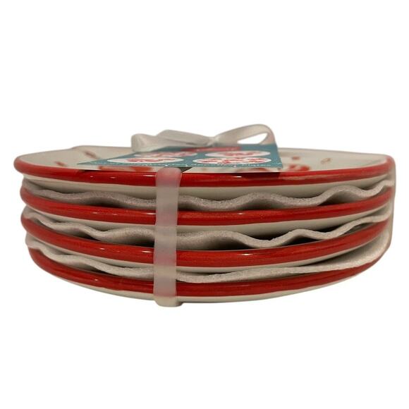 Disney MICKEY PEPPERMINT Appetizer Plates 6in Ceramic Set of 4 Holiday Red White - Picture 3 of 5